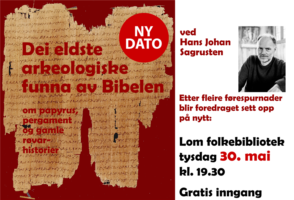 Plakat: Det store puslespelet, dei eldste arkeologiske funna av Bibelen med hans J. Sagrusten - Klikk for stort bilde