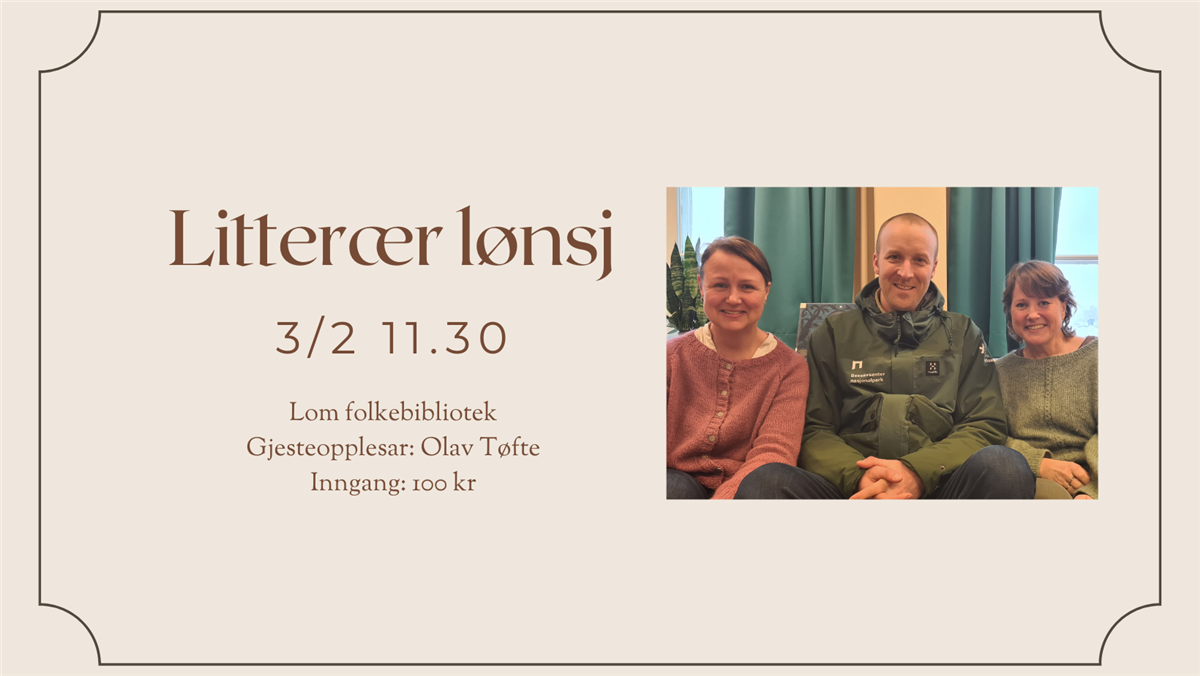 Bilde av Olav Tøfte, Merete Byrøygard og Rita Mundal, reklame for litterær lønsj på biblioteket 3. februar. - Klikk for stort bilde