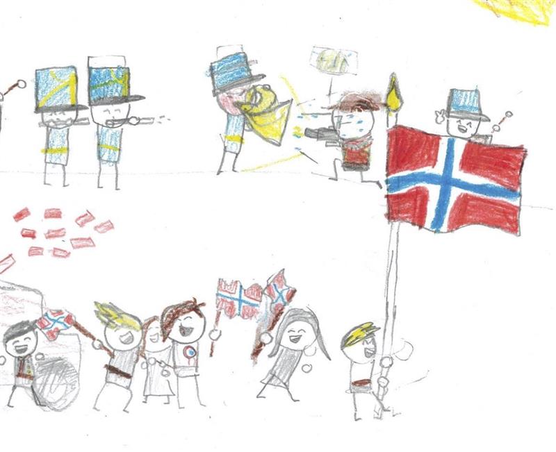 17. mai-teikning. Korps, russ, glade folk og flagg.