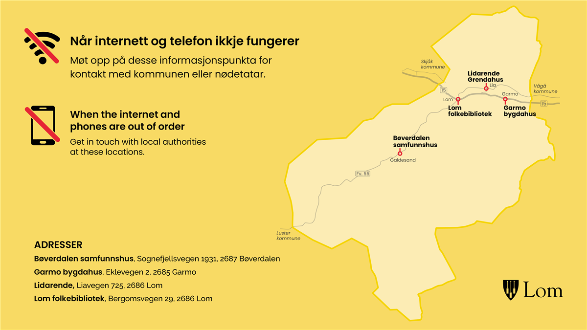 Kart over Lom. Når internett og telefon ikkje fungerer - Klikk for stort bilde