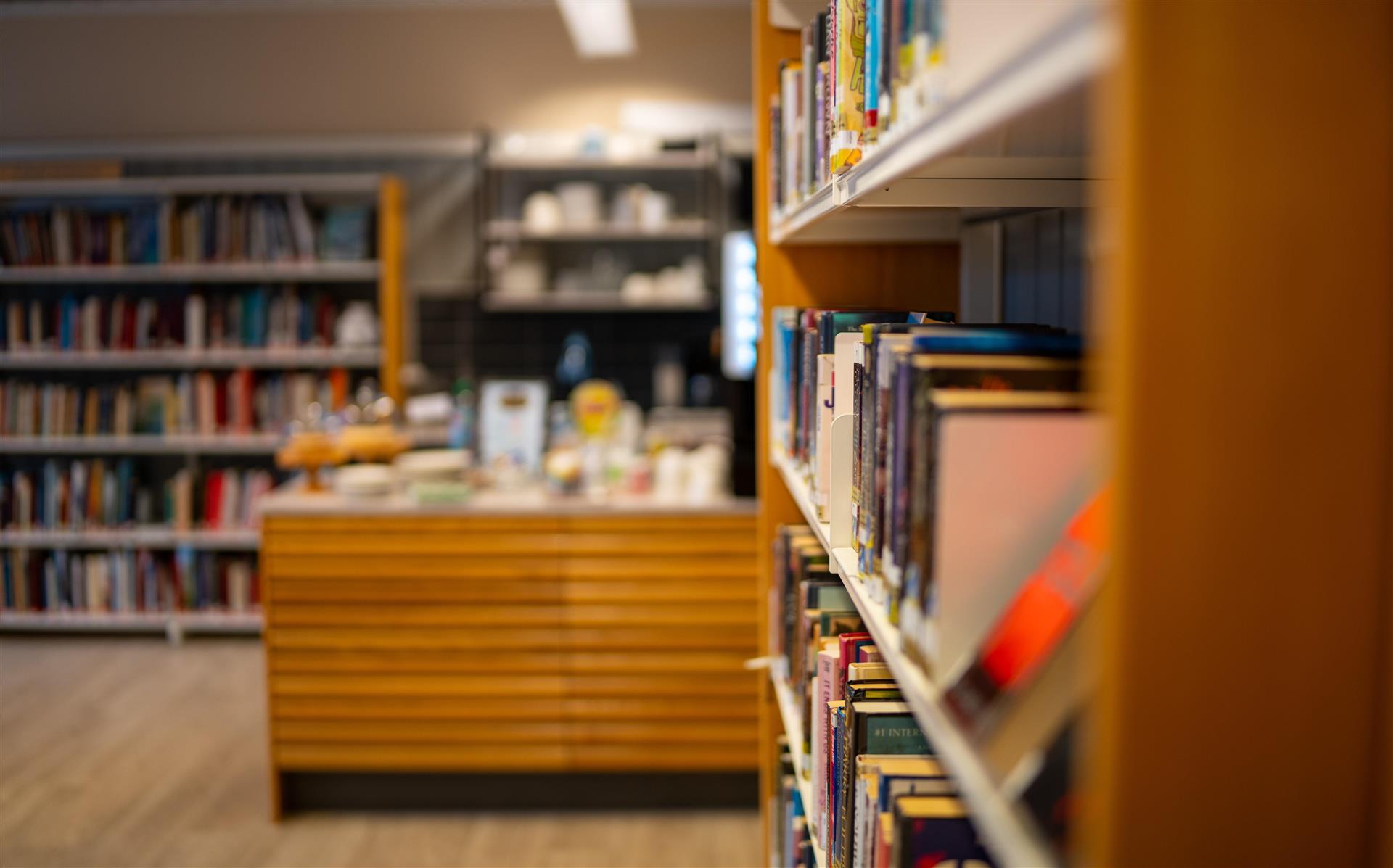 Bøker i bokhylle med kafeen på biblioteket i bakgrunn. 