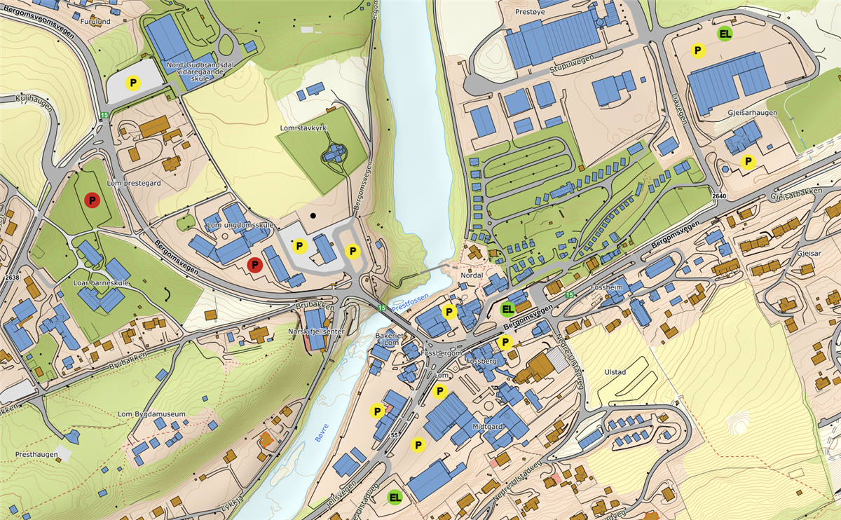 Kartutnsitt - parkering og elbillading i Lom sentrum.png - Klikk for stort bilde